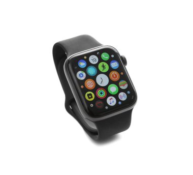 MYKOLAIV, UKRAINE - 19 Eylül 2019: Beyaz ekranlı Apple Watch