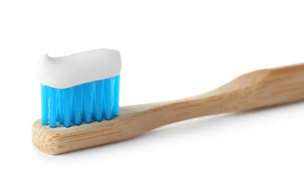 Bamboo Toothbrush Children Paste Isolated White Closeup Dental Care — Stock Photo, Image