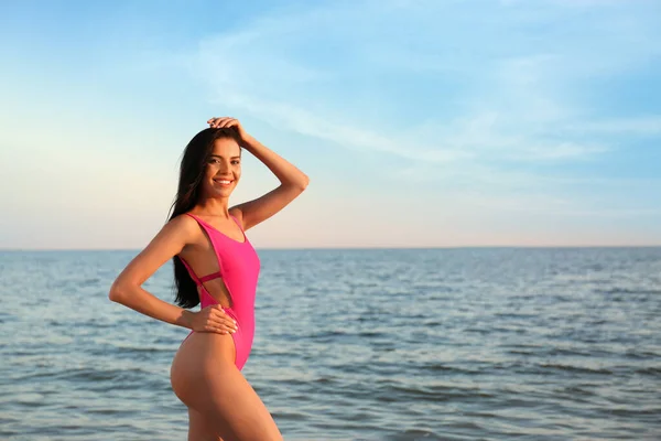 Beautiful Young Woman Pink Stylish Swimsuit Beach Space Text — Stock Photo, Image