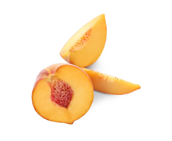 Frischer Reifer Pfirsich Isoliert Auf Weiß Geschnitten Ansicht Von Oben — Stockfoto