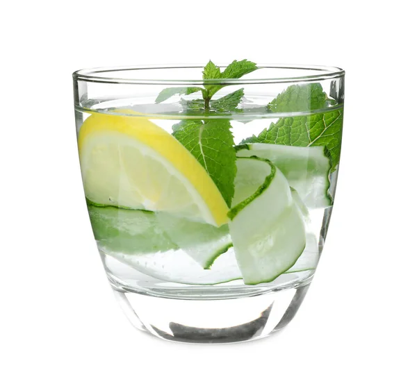 Agua Refrescante Con Pepino Limón Menta Aislados Blanco —  Fotos de Stock