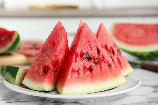 Yummy Watermelon Slices White Marble Table Kitchen Closeup — Stock Photo, Image