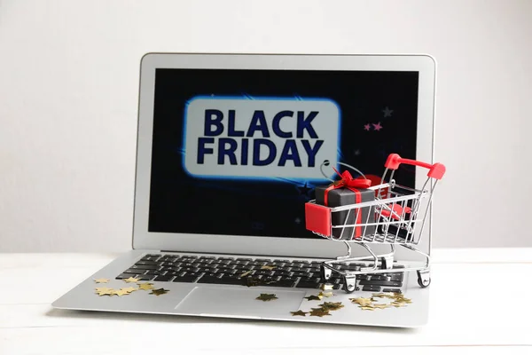 Laptop Small Cart White Table Black Friday Sale Online — Stock Photo, Image