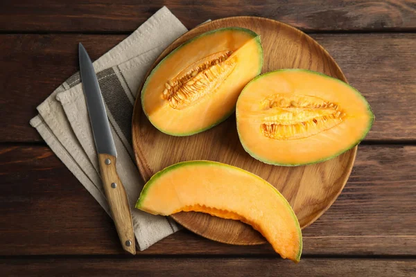 Lekkere Verse Gesneden Meloen Houten Tafel Plat Gelegd — Stockfoto