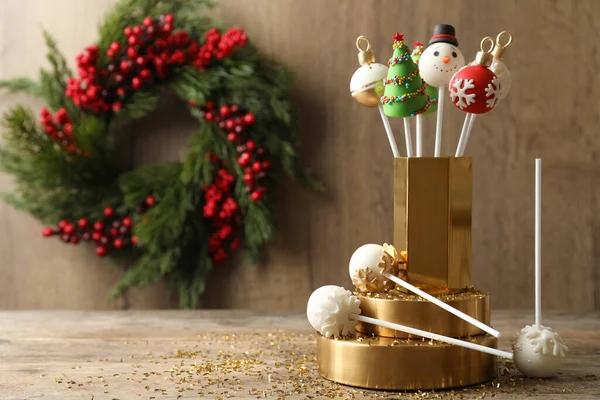 Delicious Christmas Themed Cake Pops Wooden Table Space Text — Stock Photo, Image