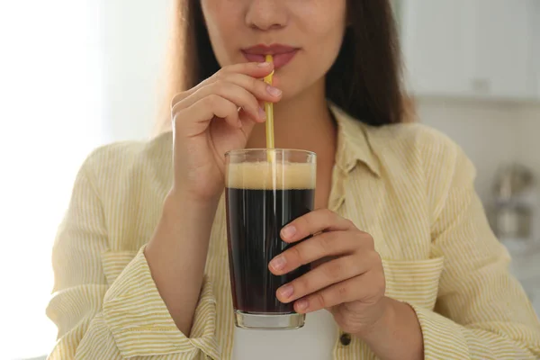 Young Woman Cold Kvass Indoors Closeup Traditional Russian Summer Drink Stock Picture