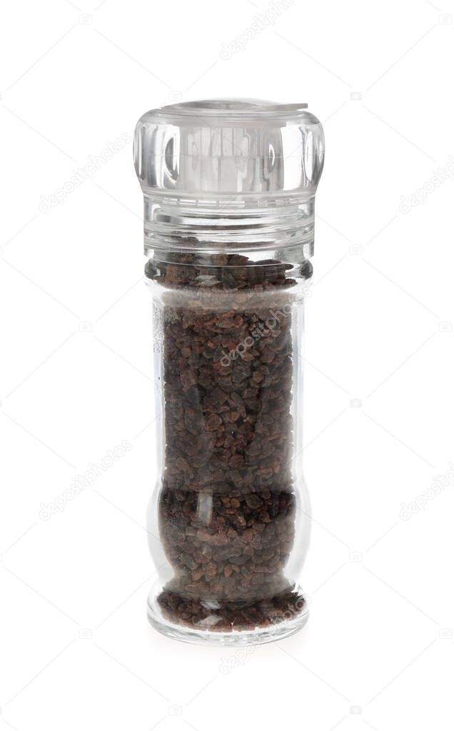 Black salt in grinder isolated on white