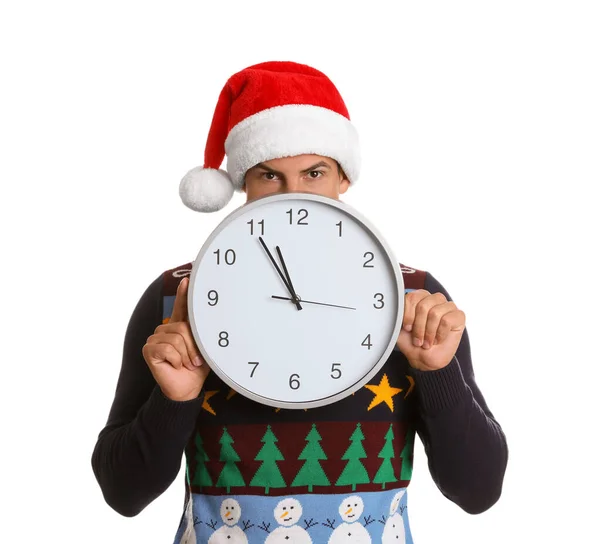 Hombre Sombrero Santa Con Reloj Sobre Fondo Blanco Cuenta Atrás — Foto de Stock