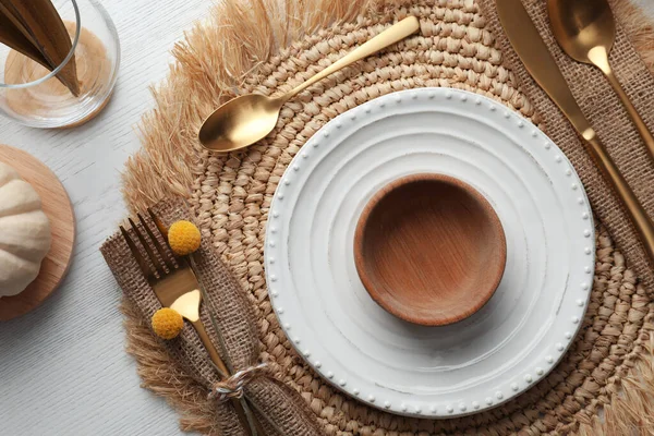 Herfsttafel Witte Houten Ondergrond Vlak Gelegd — Stockfoto