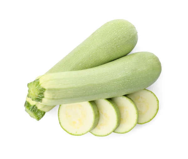 Knippen Hele Groene Rijpe Courgettes Witte Achtergrond Bovenaanzicht — Stockfoto