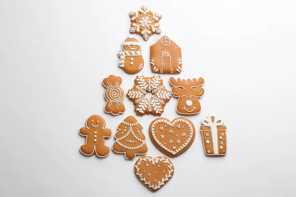 Christmas Tree Shape Made Delicious Decorated Gingerbread Cookies White Background — Stock Photo, Image