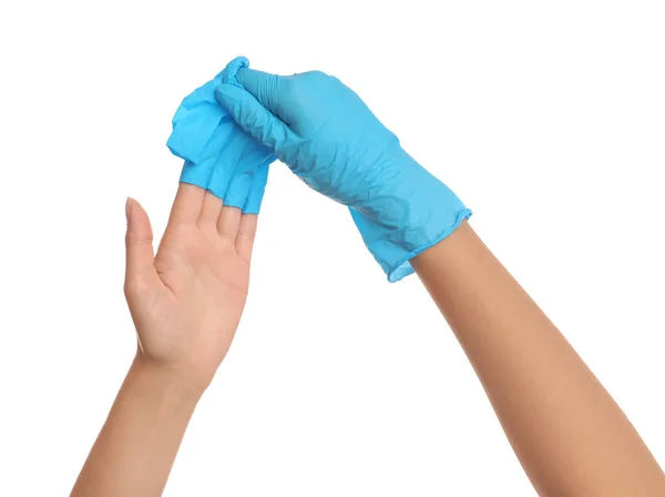 Lekarz Zdejmujący Rękawice Medyczne Białym Tle Zbliżenie — Zdjęcie stockowe