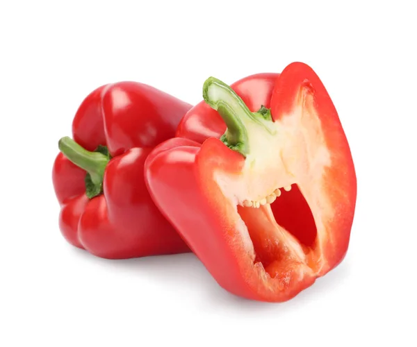 Whole Cut Red Bell Peppers White Background — Stock Photo, Image