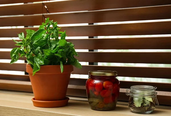 Manjericão Verde Tomates Conserva Especiarias Peitoril Janela Dentro Casa — Fotografia de Stock