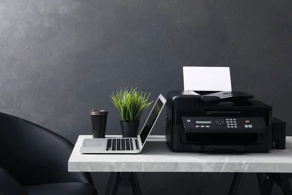 New Modern Printer Laptop Cup Drink Grey Table Indoors — Stock Photo, Image