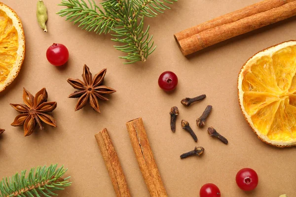 Flat Lay Composition Mulled Wine Ingredients Fir Branches Brown Background — Stock Photo, Image