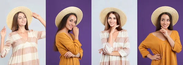 Colagem Com Fotos Mulheres Jovens Vestindo Vestidos Diferentes Fundos Brilhantes — Fotografia de Stock