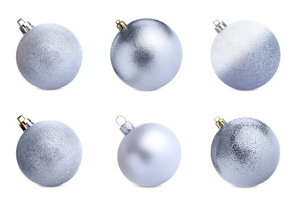 Ensemble Boules Noël Argent Sur Fond Blanc — Photo