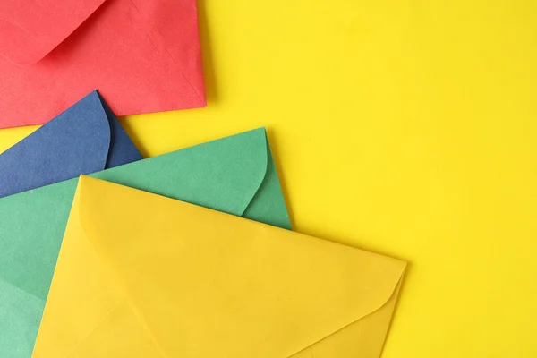 Colorful Paper Envelopes Yellow Background Top View Space Text — Stock Photo, Image