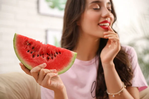 Beautiful Young Woman Home Focus Hand Watermelon — Stock Photo, Image