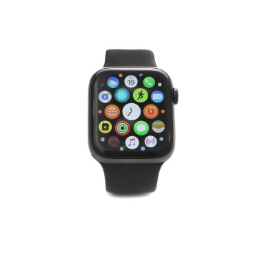 MYKOLAIV, UKRAINE - 19 Eylül 2019: Beyaz ekranlı Apple Watch