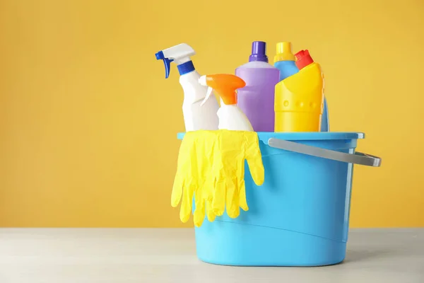 Bucket Cleaning Products Gloves Grey Table Space Text — Stock Photo, Image