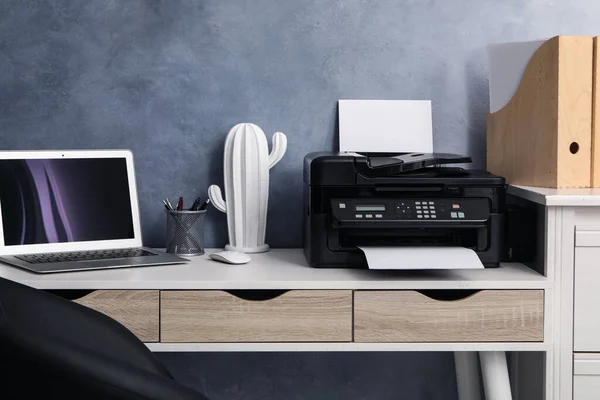 Modern Printer Laptop White Table Indoors — Stock Photo, Image