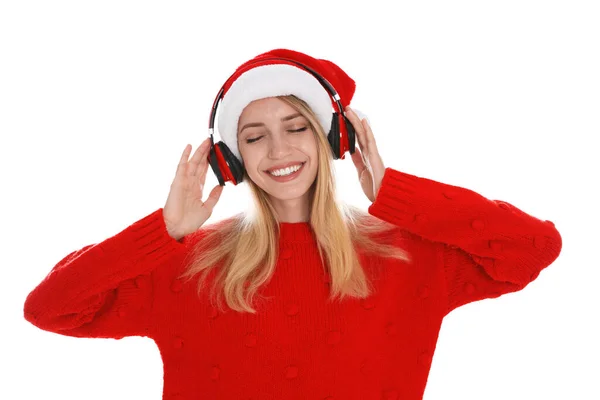 Szczęśliwa Kobieta Słuchawkami Białym Tle Muzyka Świąteczna — Zdjęcie stockowe