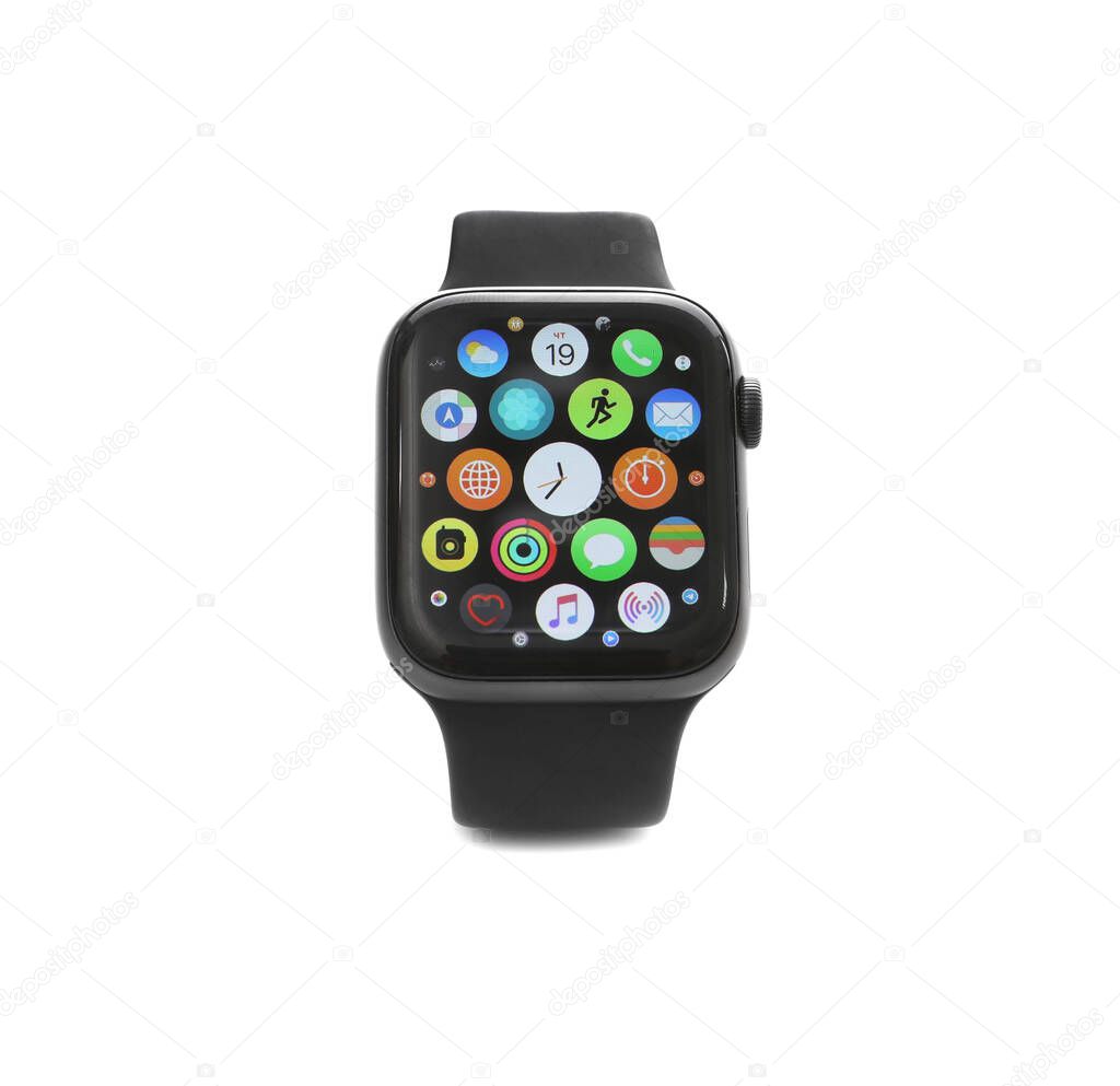 MYKOLAIV, UKRAINE - SEPTEMBER 19, 2019: Apple Watch with home screen isolated on white