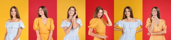 Collage Con Fotos Mujer Joven Con Diferentes Vestidos Fondos Brillantes —  Fotos de Stock