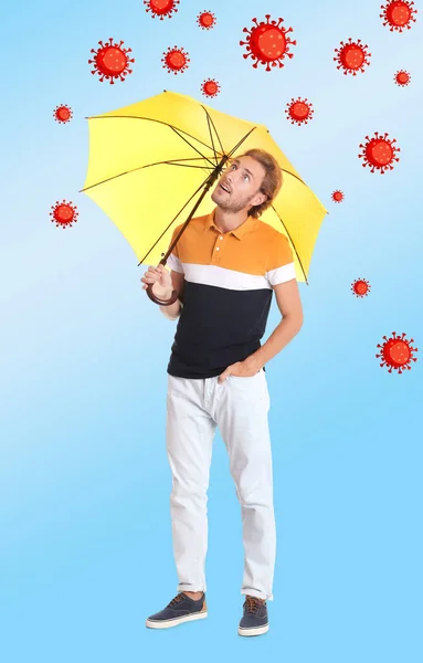 Människan Skyddar Sig Mot Virus Med Gult Paraply Som Symbol — Stockfoto