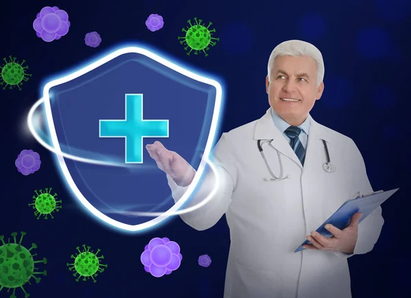 Immunologist and shield with cross as symbol of virus protection on blue background