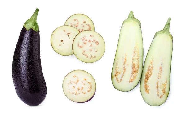 Set Van Verse Snit Hele Aubergines Witte Achtergrond — Stockfoto