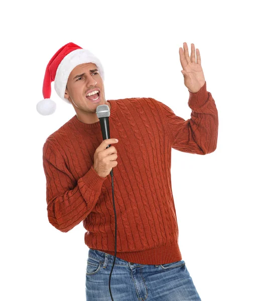 Uomo Emotivo Cappello Babbo Natale Che Canta Con Microfono Sfondo — Foto Stock