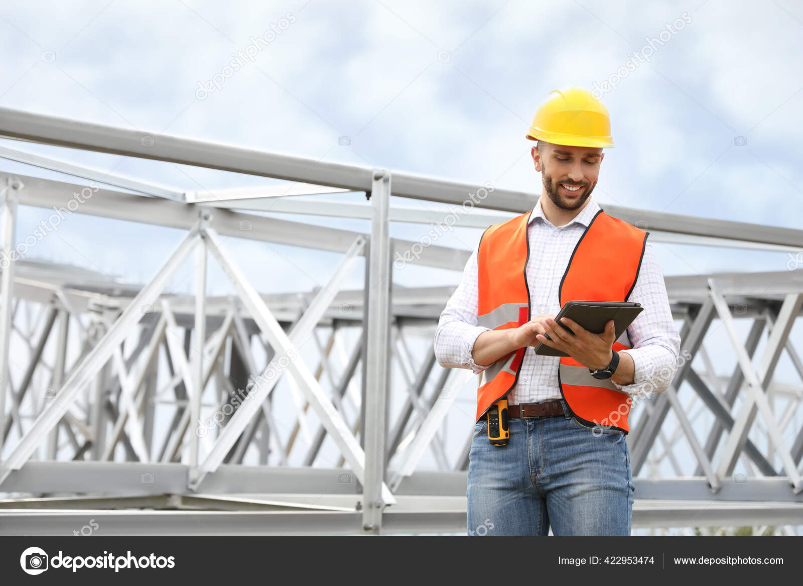 Professional Engineer Tablet High Voltage Tower Construction Outdoors