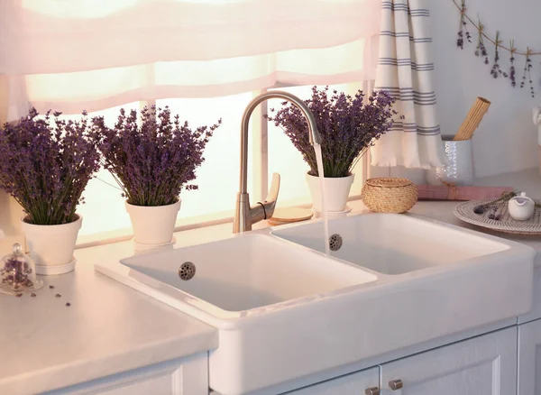 Beautiful Lavender Flowers Countertop Sink Kitchen — Stock Photo, Image