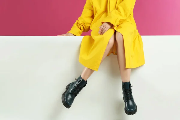 Woman Stylish Boots Sitting Color Background Closeup — Stock Photo, Image
