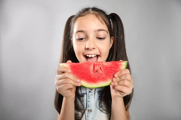 Cute Little Girl Watermelon Grey Background — Stock Photo, Image