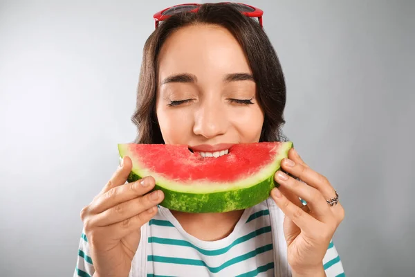Beautiful Young Woman Eating Watermelon Grey Background — Stock Photo, Image