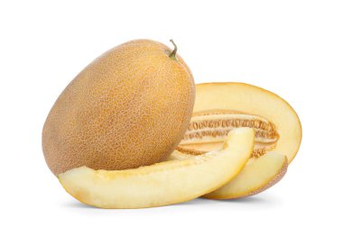 Tam ve lezzetli olgun kavunları beyazda izole edilmiş.