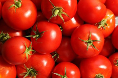 Arka plan olarak taze kırmızı domatesler, yakın plan