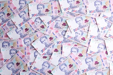 Arka plan olarak Ukrayna parası, üst görüş. Ulusal para birimi