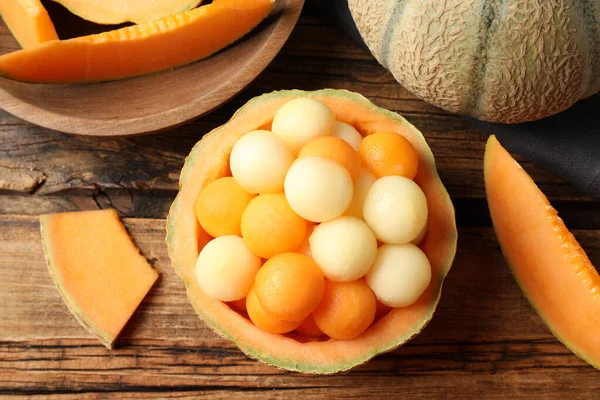 Olika Melonbollar Träbord Platt Ligg — Stockfoto