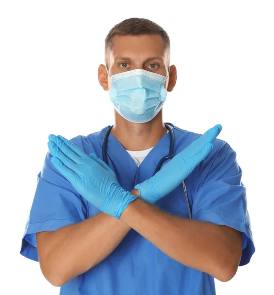 Dokter Beschermend Masker Toont Stop Gebaar Witte Achtergrond Voorkomen Van — Stockfoto