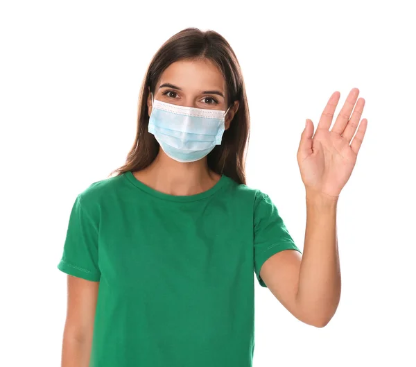 Woman Protective Mask Showing Hello Gesture White Background Keeping Social — Stock Photo, Image