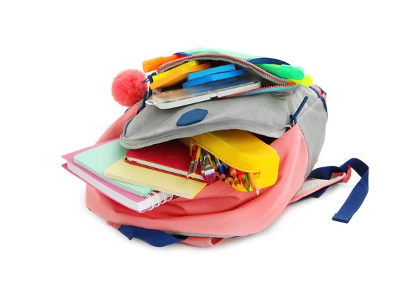 Mochila Con Papelería Escolar Sobre Fondo Blanco —  Fotos de Stock