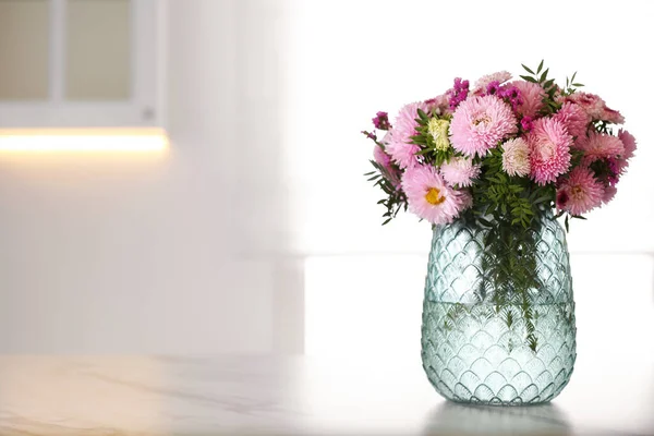 Vase Beautiful Chrysanthemum Flowers Table Kitchen Space Text Interior Design — Stock Photo, Image