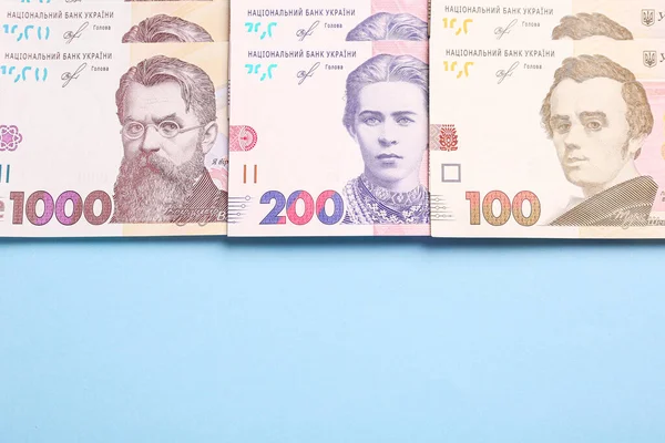 Українські Гроші Світло Синьому Фоні Плоскі Простір Тексту — стокове фото