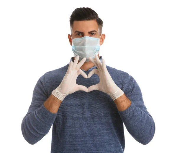 Man Skyddande Ansiktsmask Och Medicinska Handskar Gör Hjärtat Med Händerna — Stockfoto