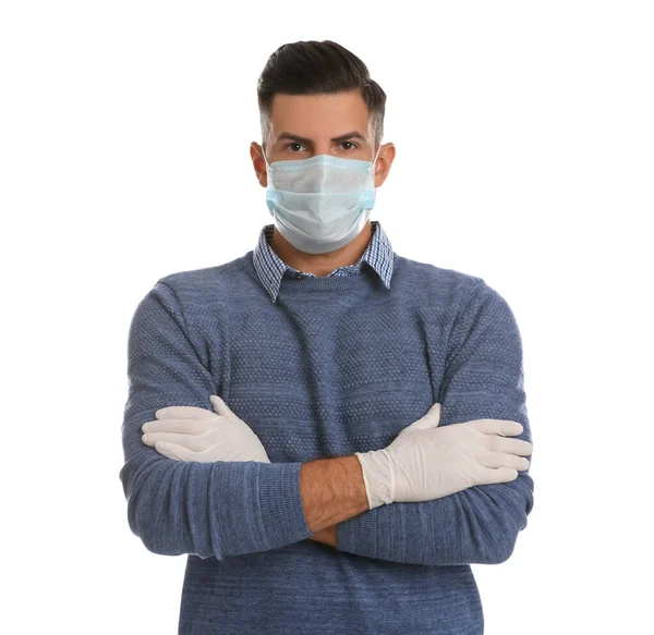 Hombre Con Mascarilla Protectora Guantes Médicos Sobre Fondo Blanco —  Fotos de Stock